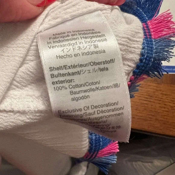 J. Crew White Tunic Gauze Beach Cover Up with Pink and Blue Fringe Trim - Picture 10 of 11